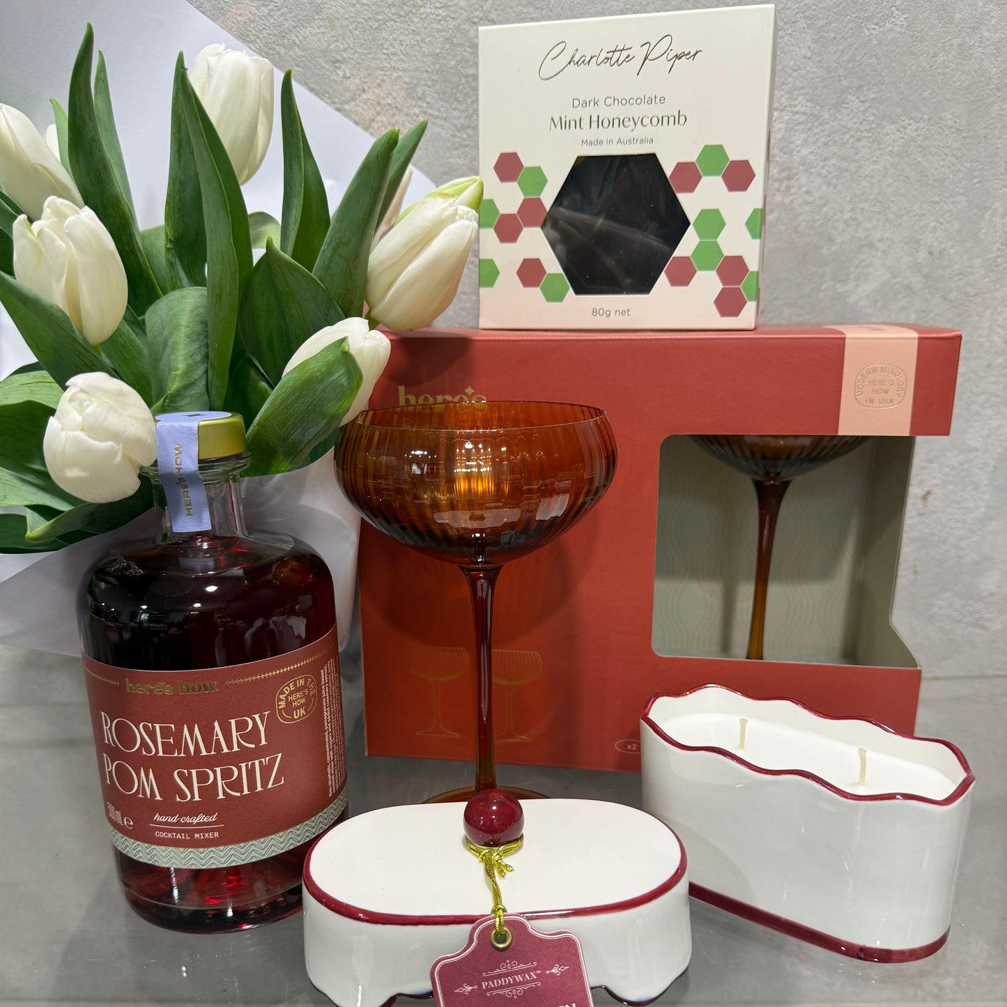 Tulips with Rosemary Pom Spritz, Two Coupe Glasses, Mint Honeycomb and Candle