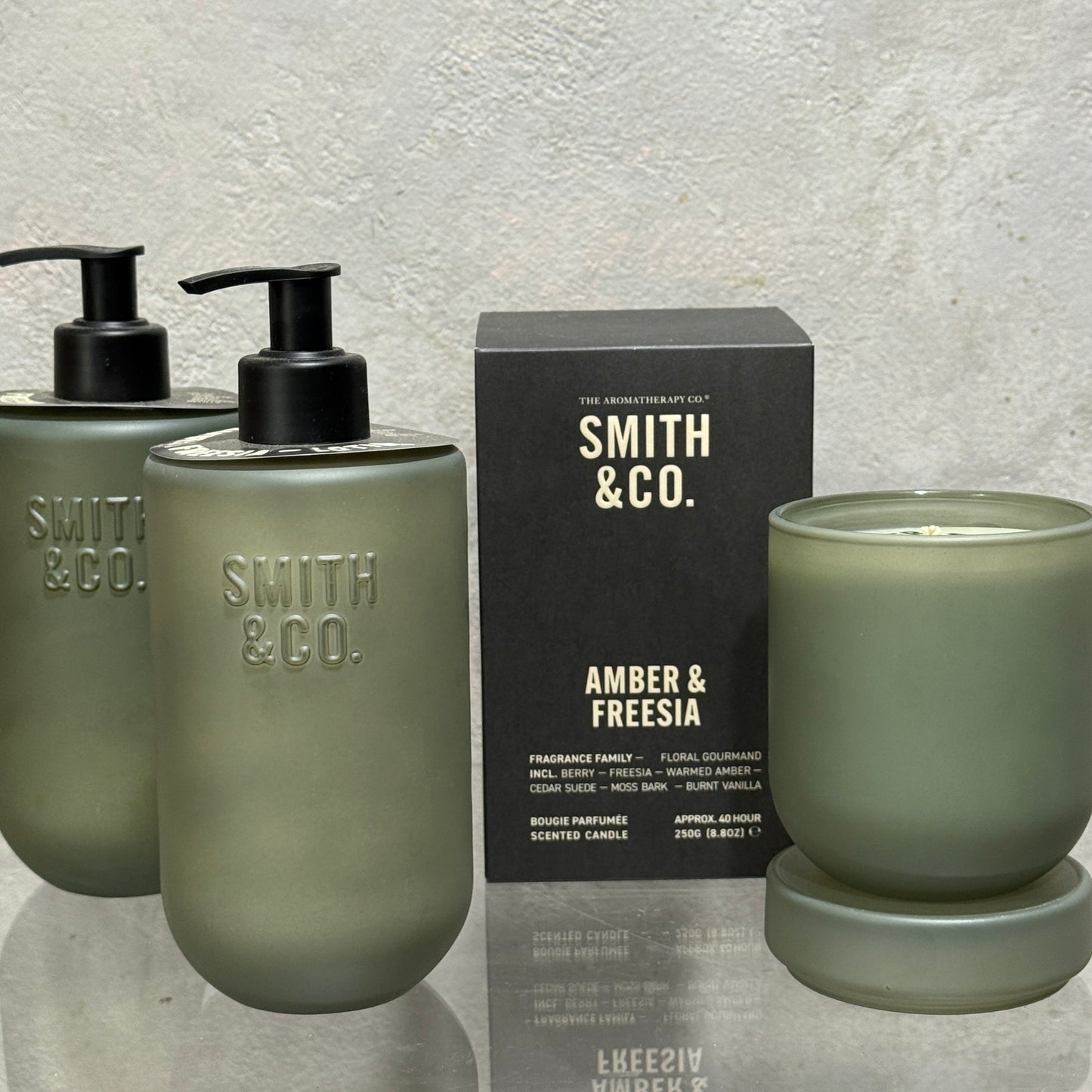 Smith and Co. Amber and Freesia Candle, Wash and Lotion