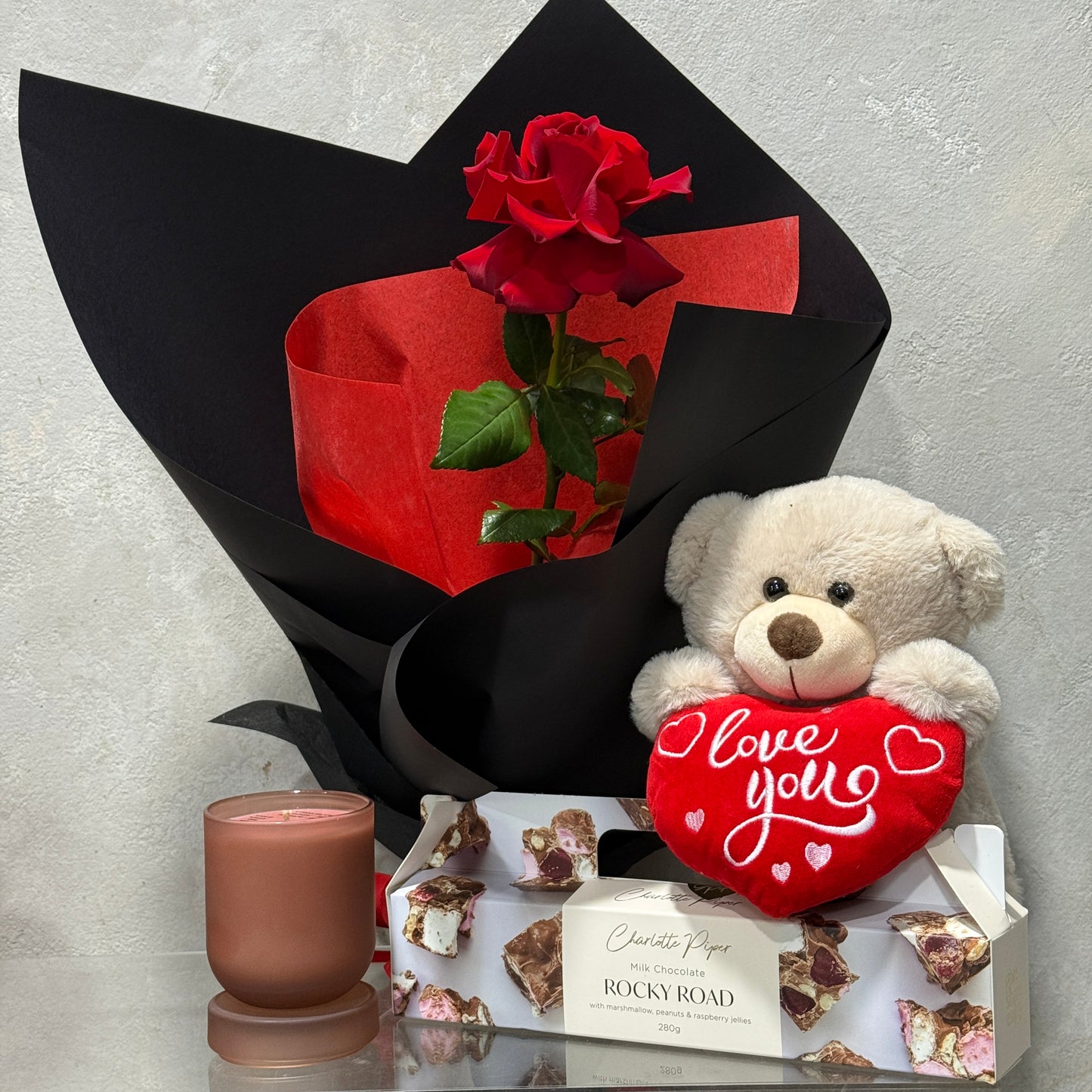 Single Red Colombian Rose with Candle, Teddy and Rocky Road