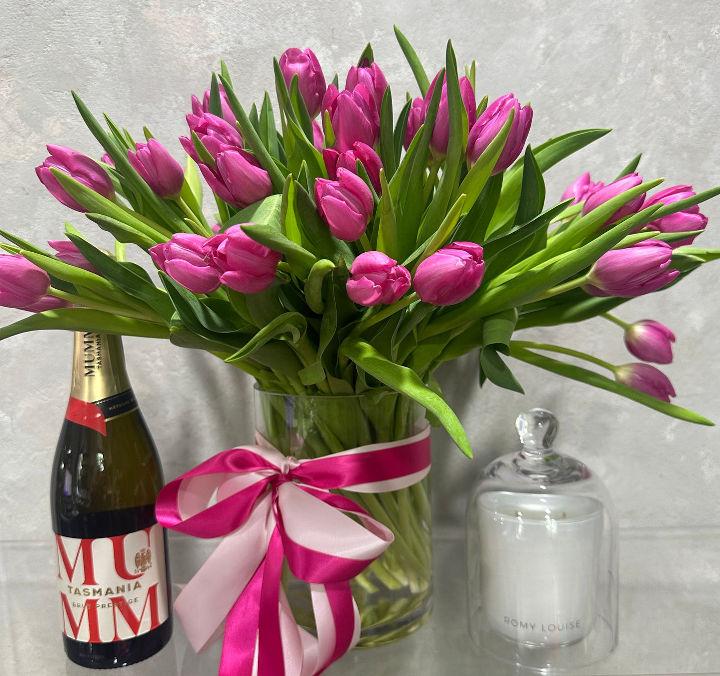 Hot Pink Tulips in Vase with MUMM & Candle