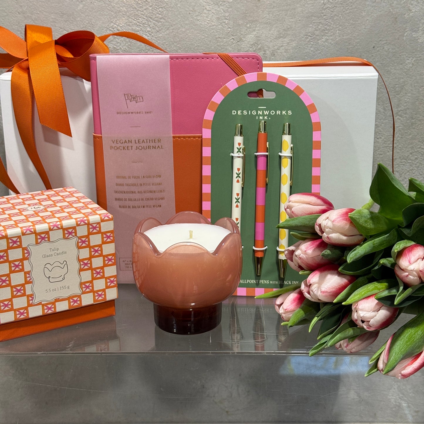 Pocket Journal with Tulip Candle, Pens and Tulips