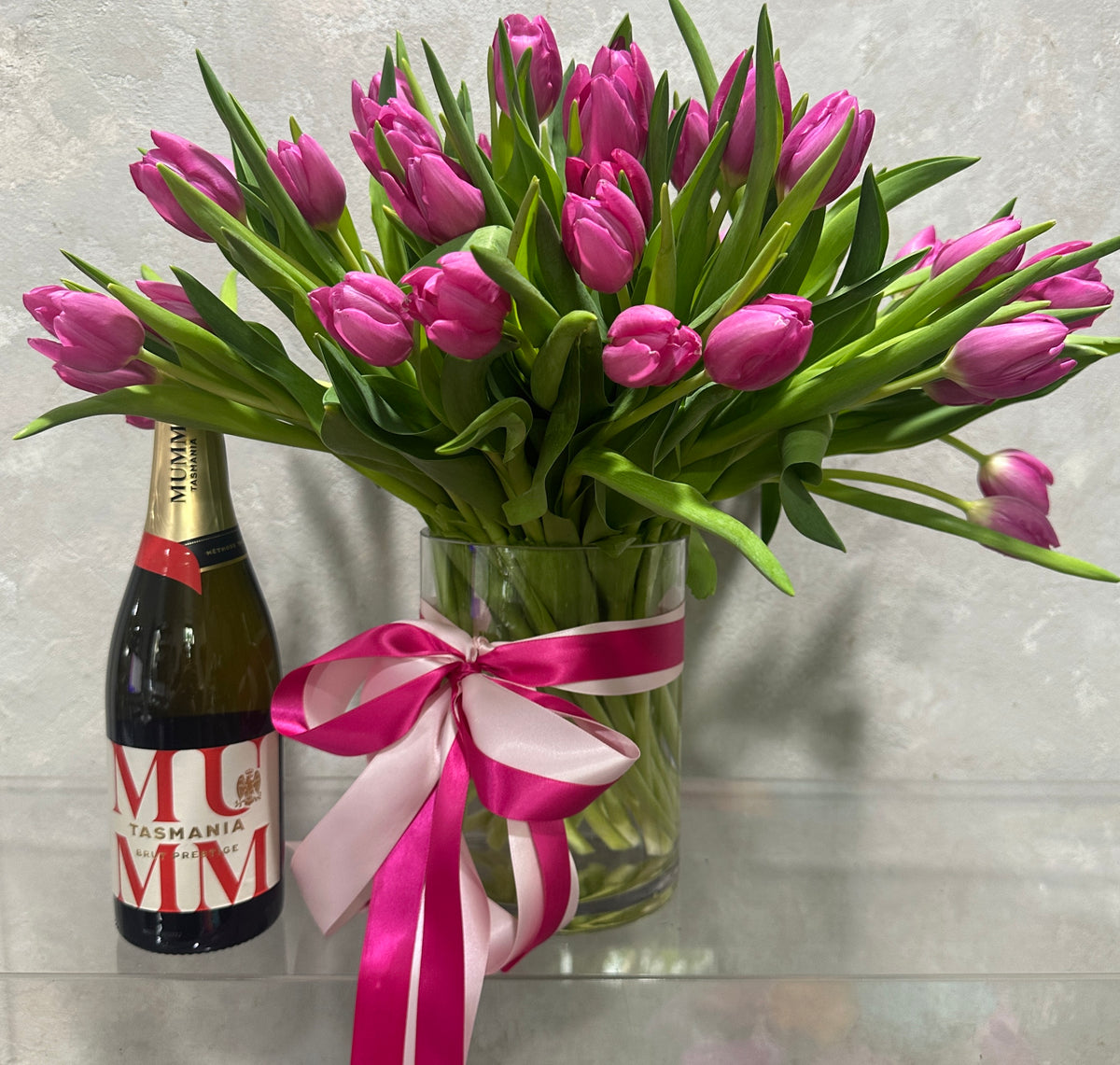 Hot Pink Tulips in Vase with Mumm Brut Prestige