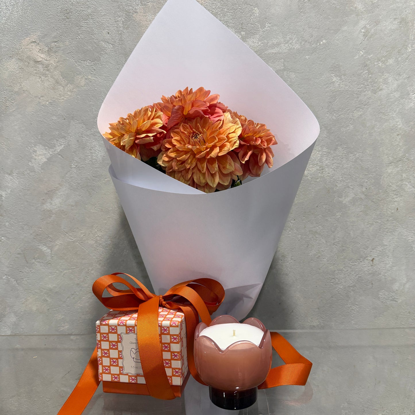 Tulip Candle and Orange Dahlias