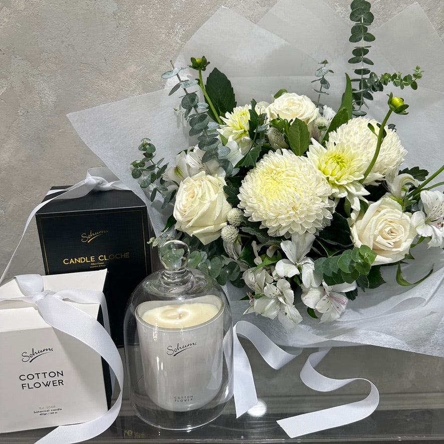 White Bouquet with Candle & Cloche