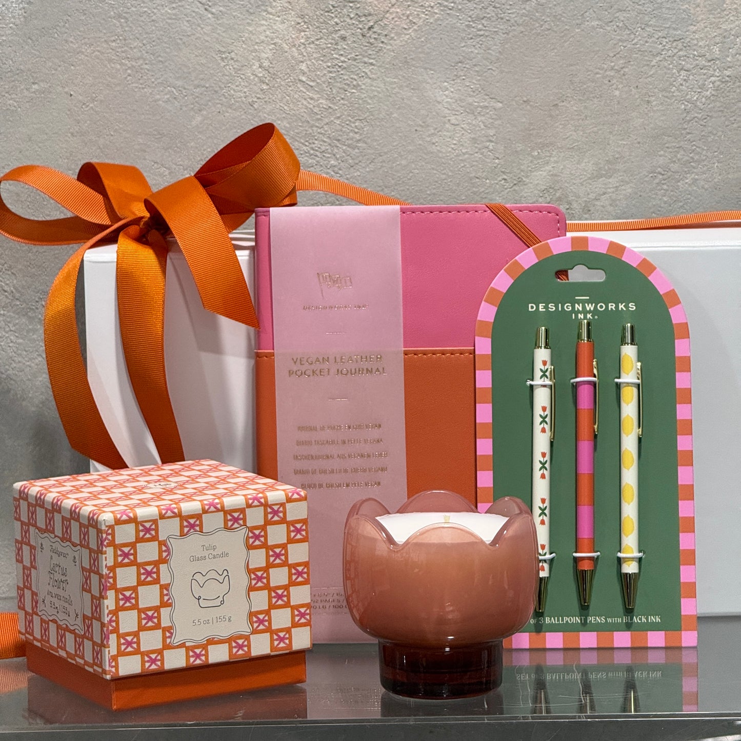 Vegan Leather Pocket Journal, Tulip Glass Candle and Pens- Gift Set