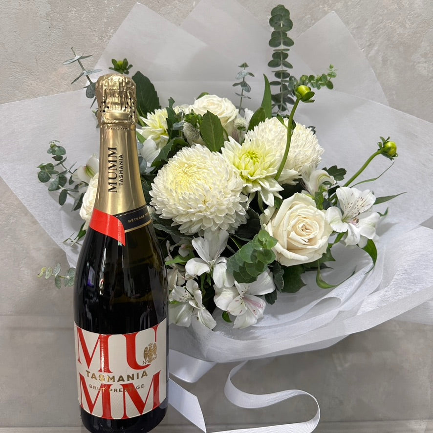 White Seasonal Posy with Bottle of MUMM Brut Prestige