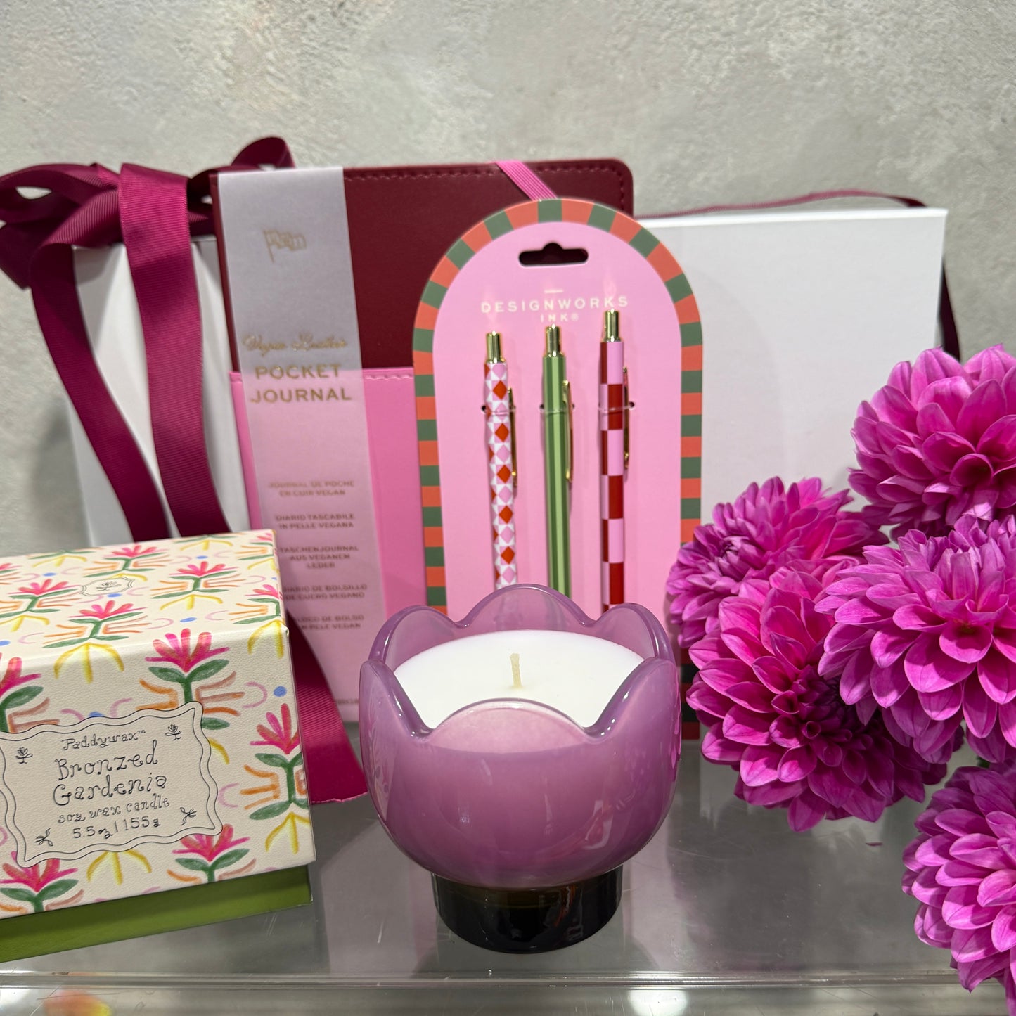 Pocket Journal, Gardenia Candle, Pens and Bunch of Pink Dahlias