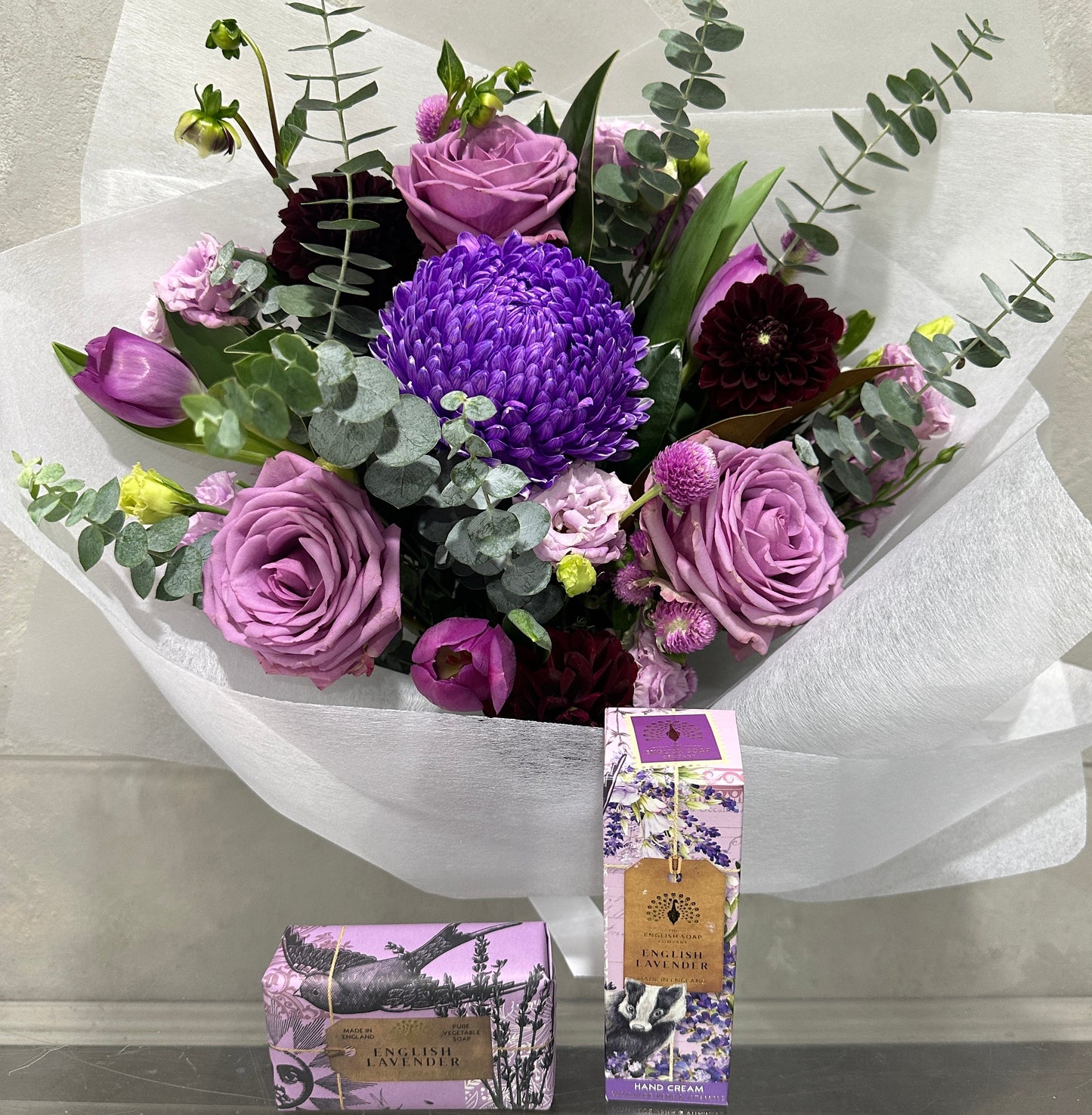 Purple Bouquet with Soap & Hand Cream
