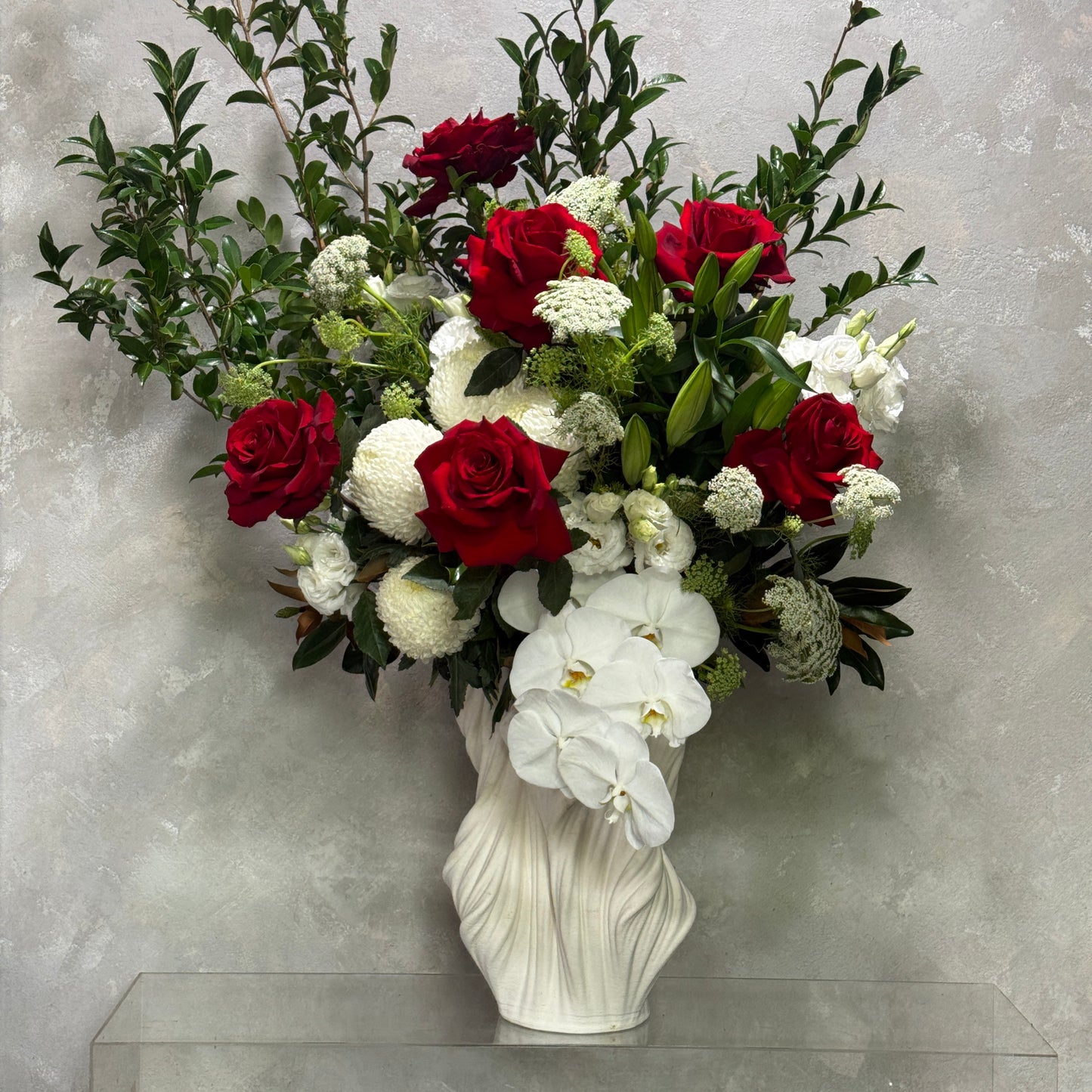 Luxe Valentines Day Vase Arrangement in White Cleo Vase