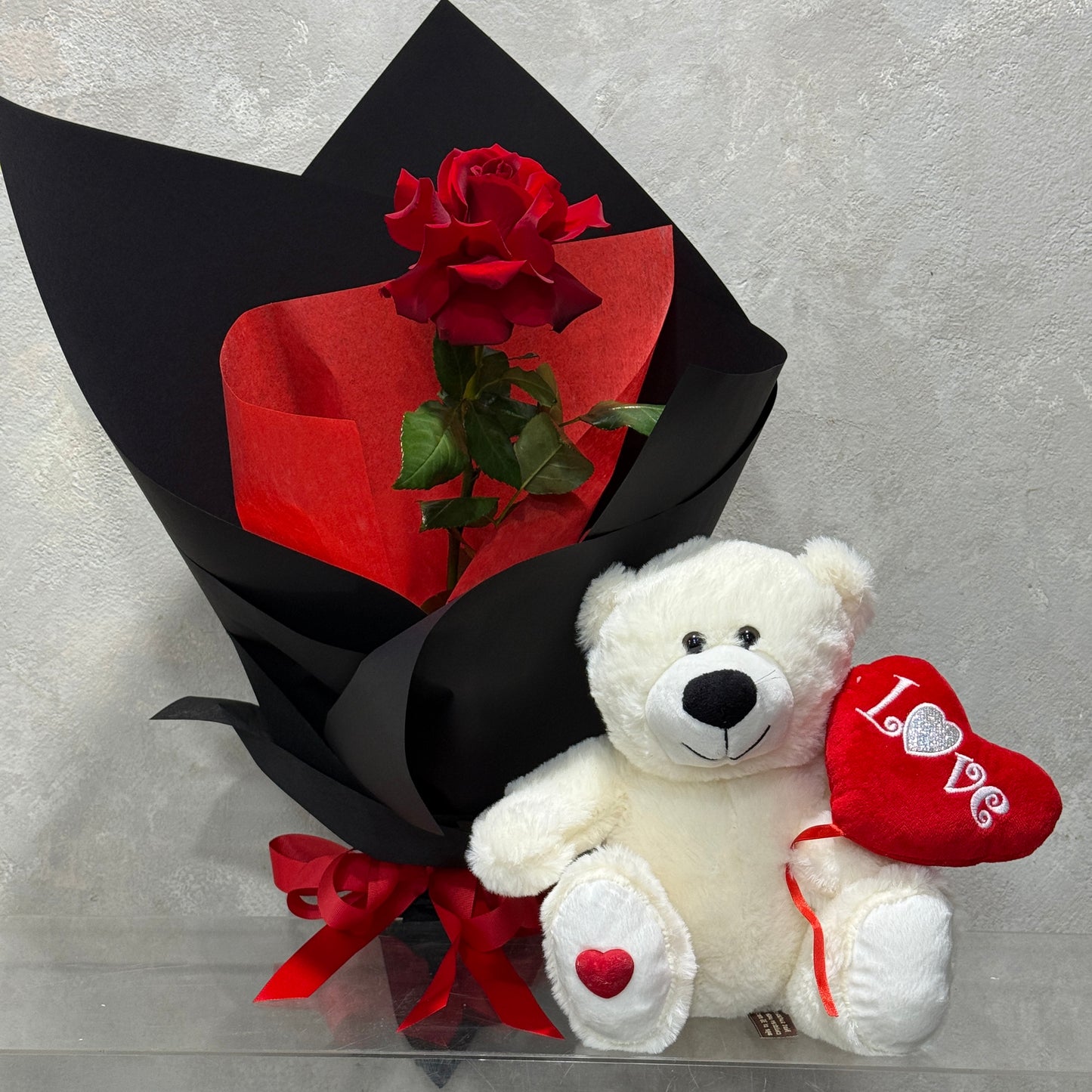 Single Red Colombian Rose with Teddy