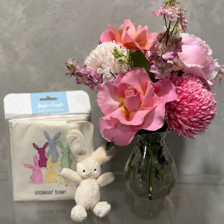 Fabric Book, Bunny and Vintage Vase of Pink Flowers