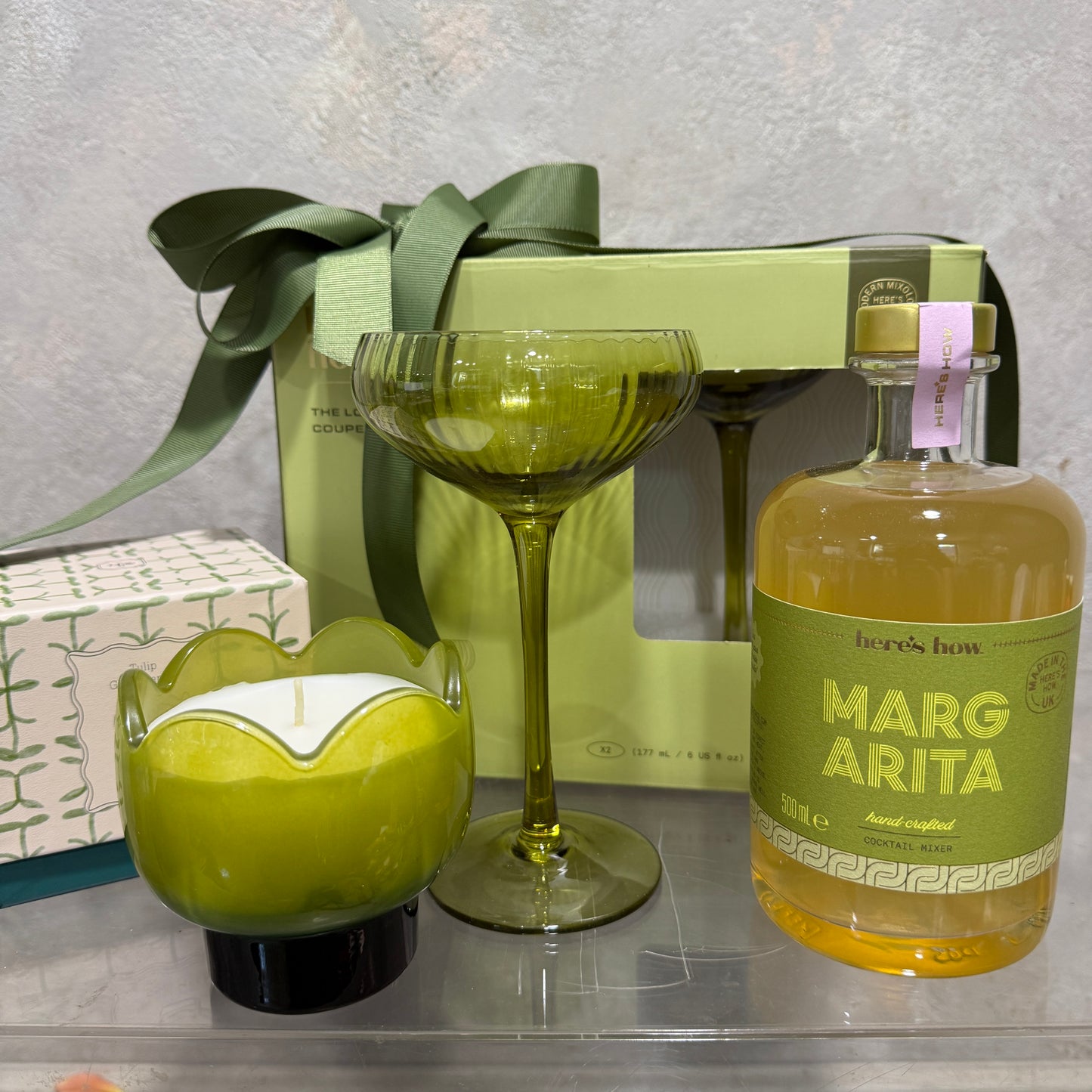 Margarita Mixer, Two Coupe Glasses and Tulip Candle