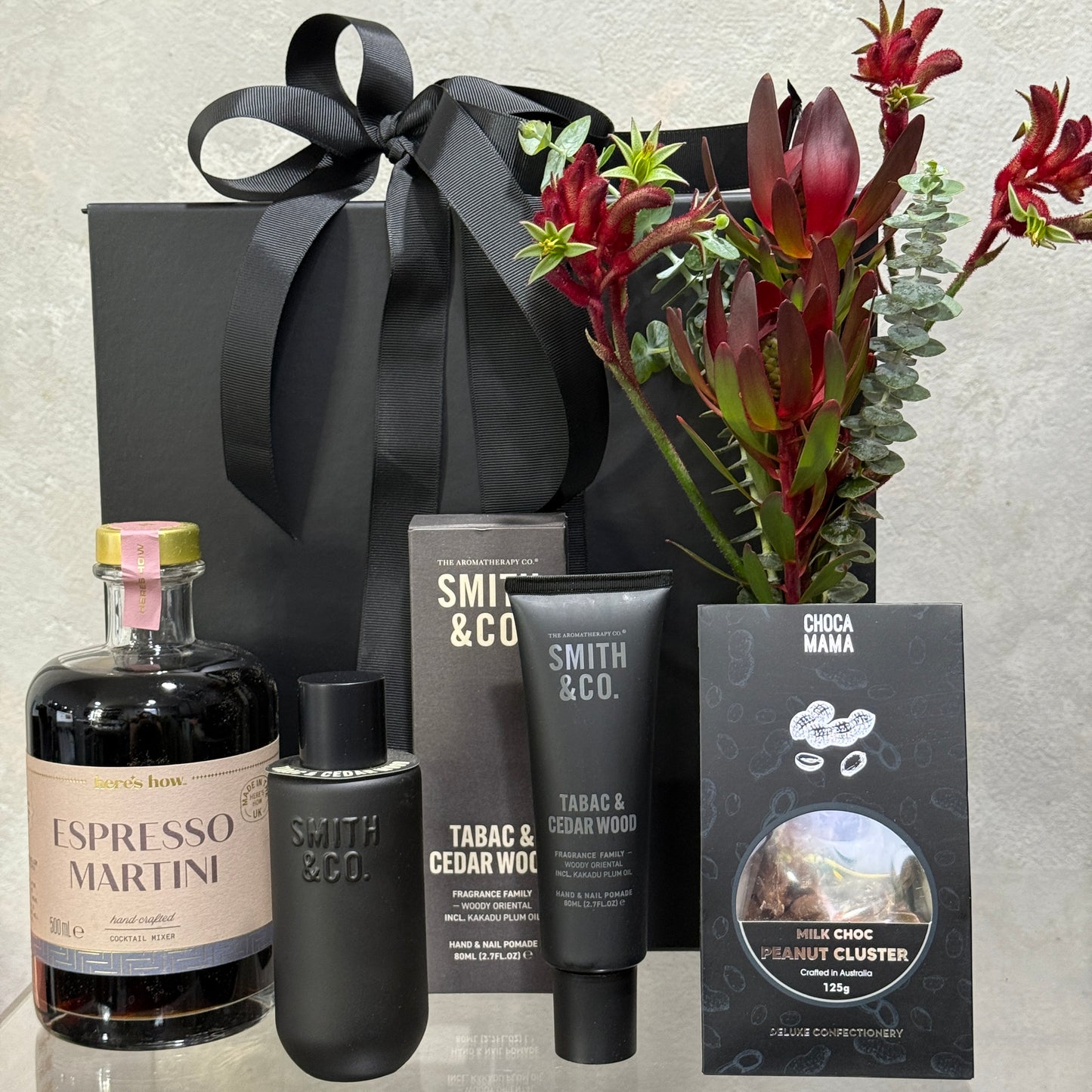 Smith & Co. Room Spray, Hand & Nail Pomade, Espresso Martini Cocktail Mixer, Milk Choc Peanut Cluster and Native Bud Vase