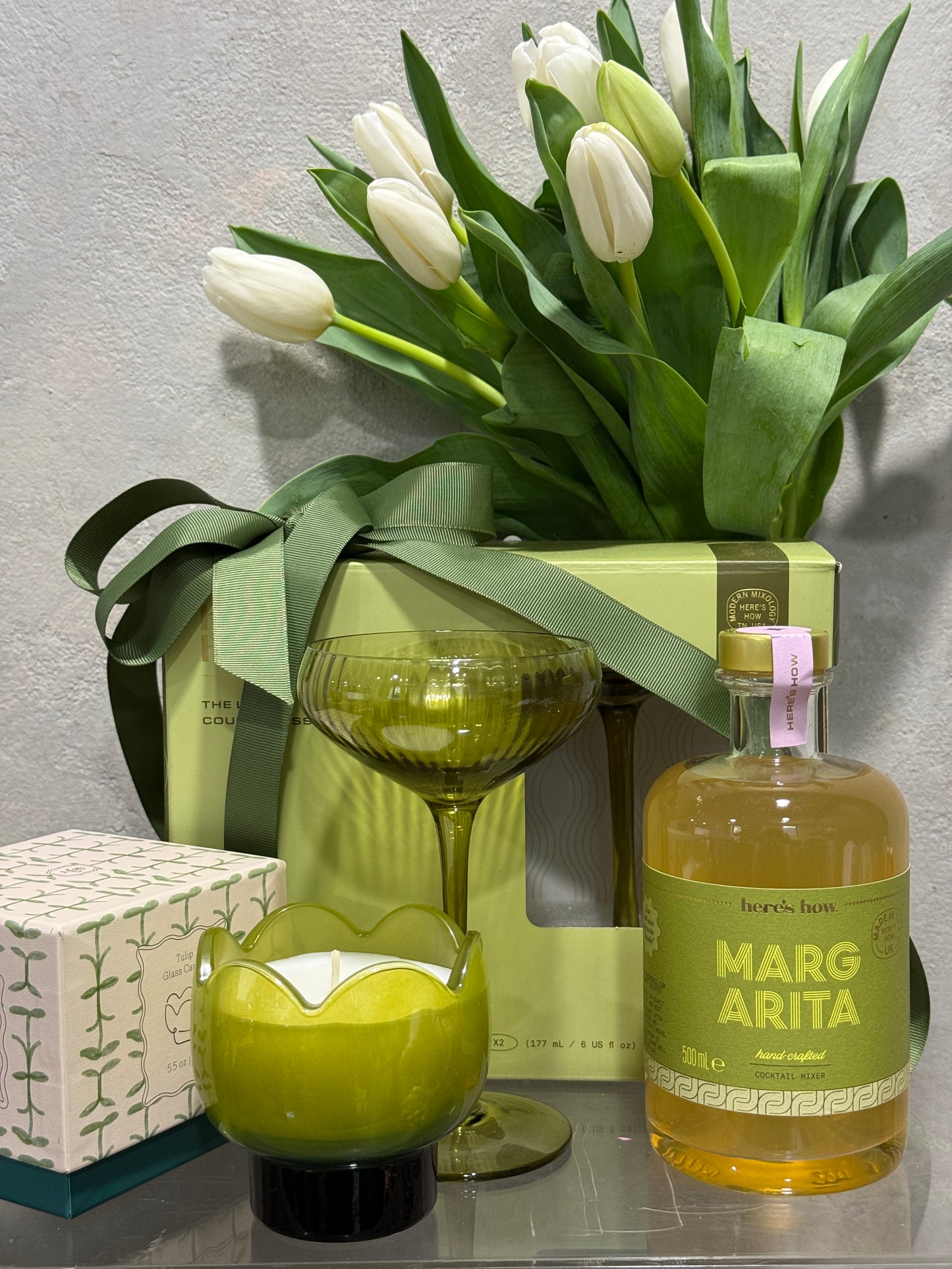 Margarita Mixer, Tulip Candle, Two Coupe Glasses and Bunch of White Tulips