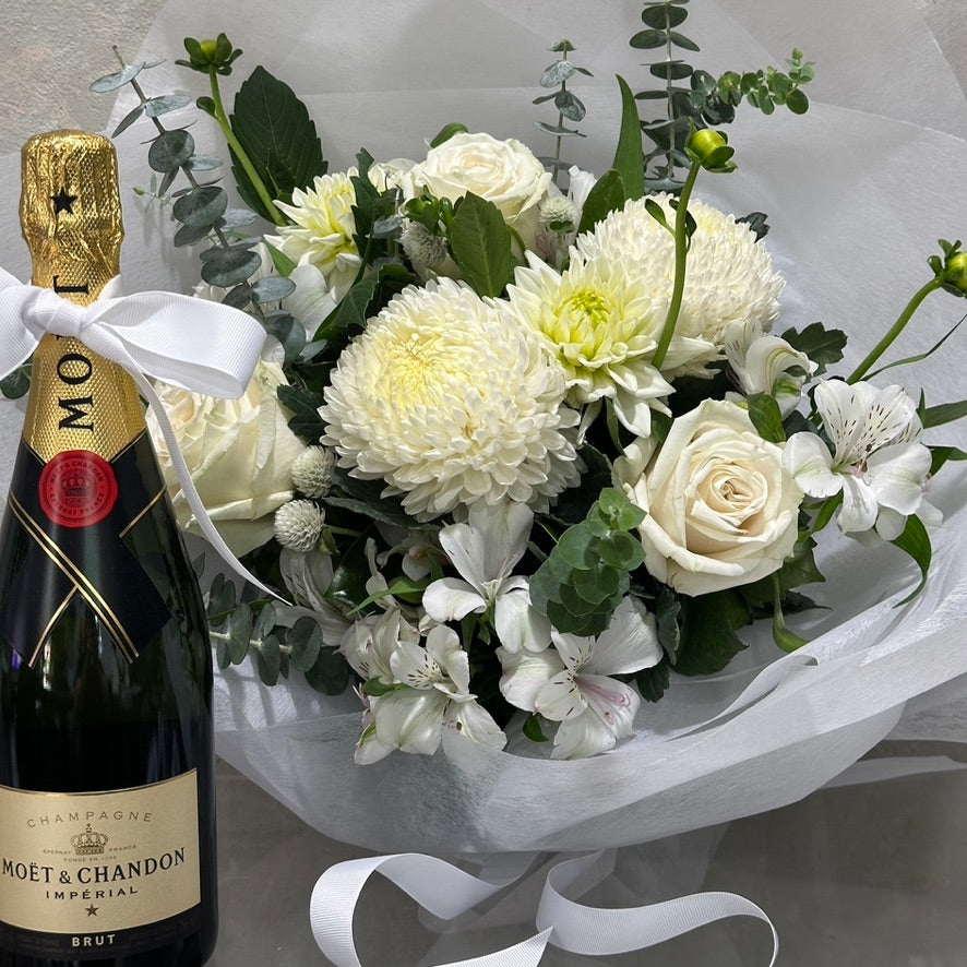 White Seasonal Posy & Bottle of Moet