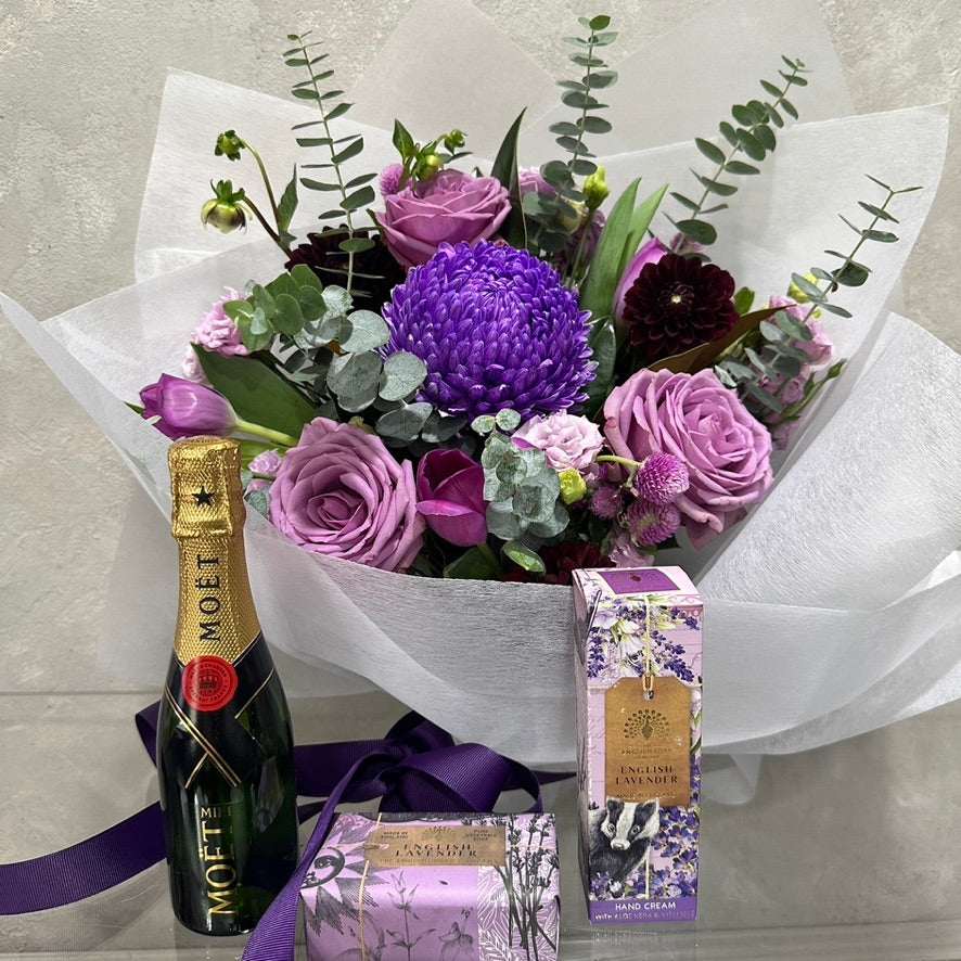 Purple Bouquet with Moet Champagne, Hand Soap & Cream