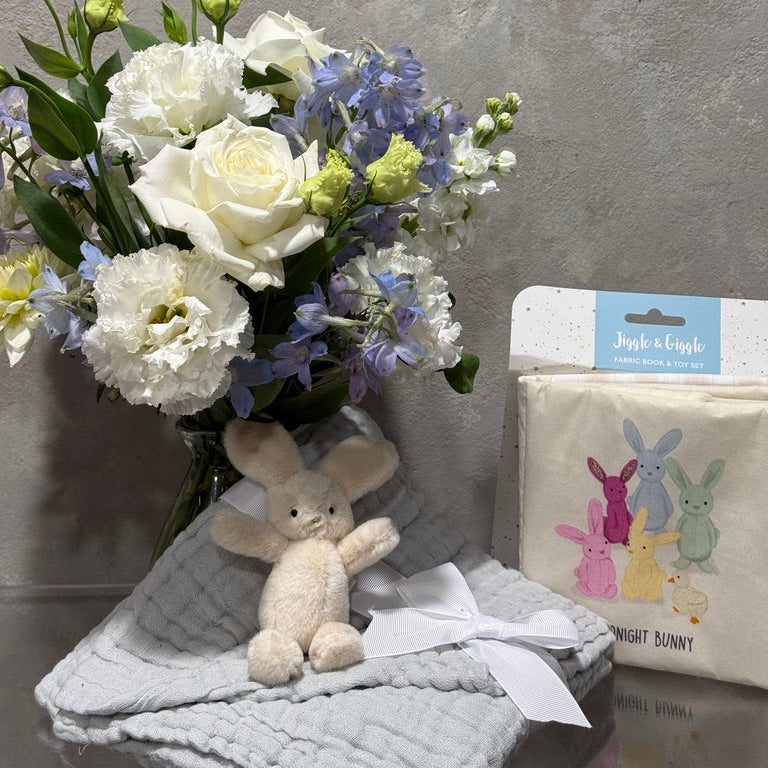 Blue Vase of Flowers with Fabric Book and Bunny and Muslin Wrap
