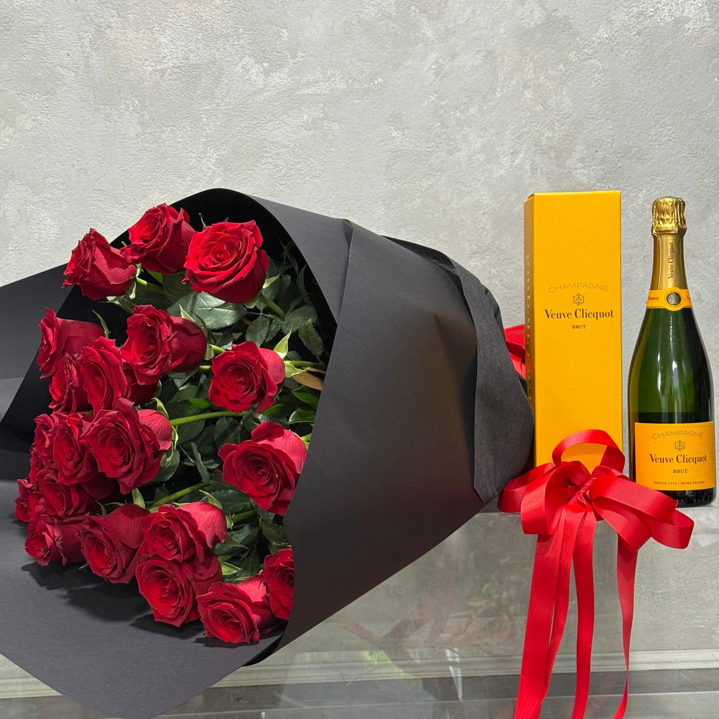 Two Dozen Red Colombian Roses with Bottle of Veuve
