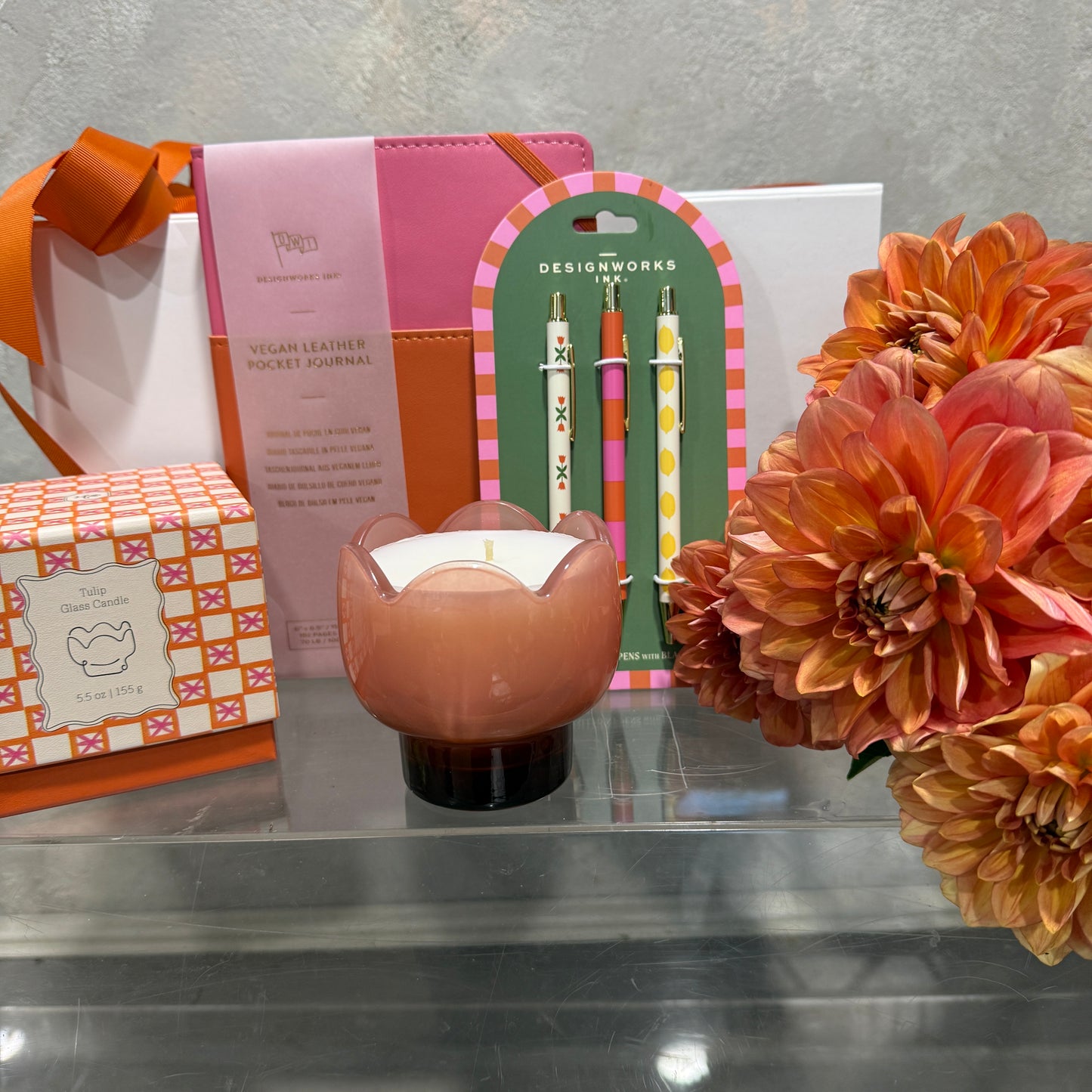 Pocket Journal with Tulip Candle Pens and Orange Dahlias