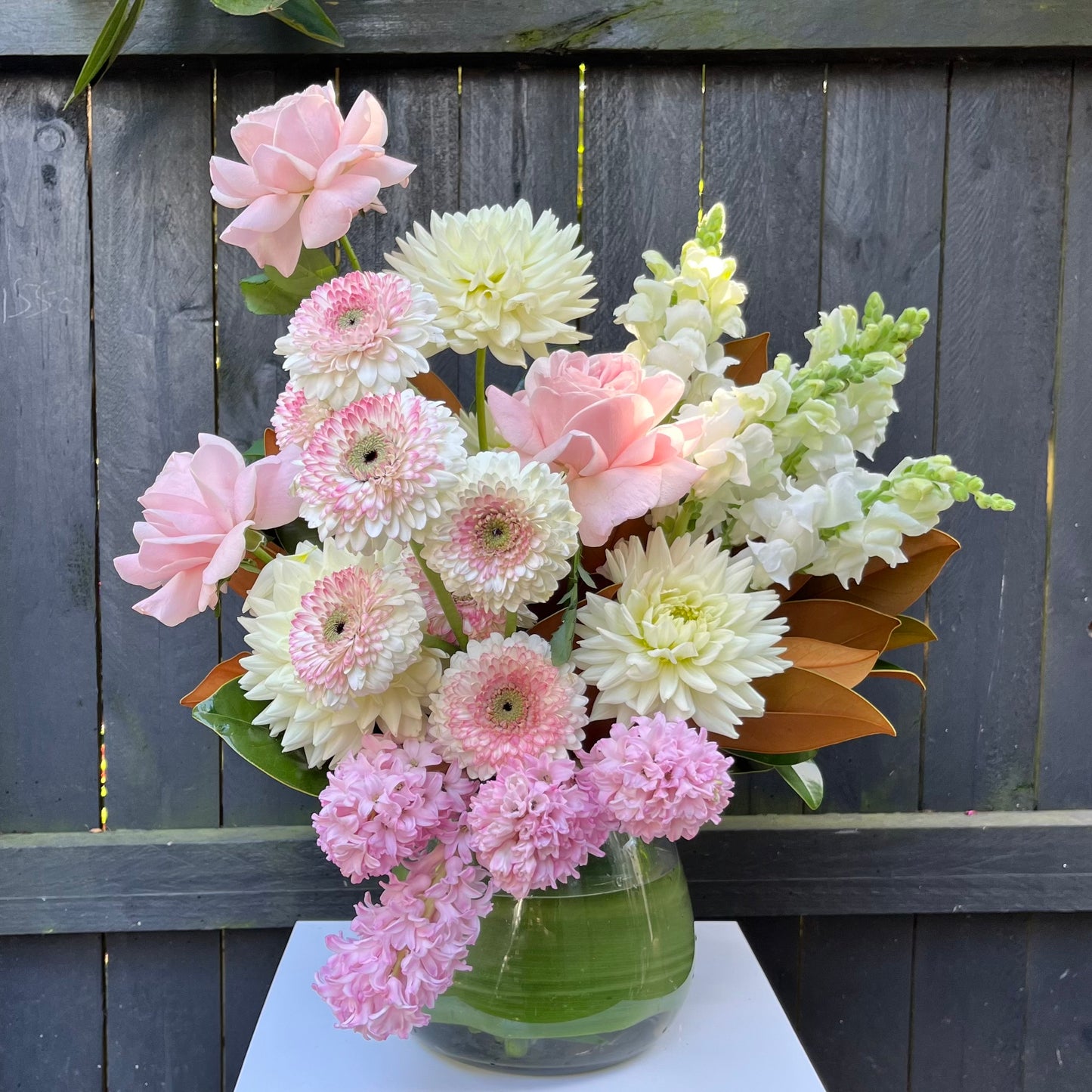 The Pink Iced Vovo Flower Vase by Flowers on Norton St beautifully displays roses, dahlias, and chrysanthemums in pink and white against a charming wooden fence. A leaf-lined glass vase completes the stunning arrangement.