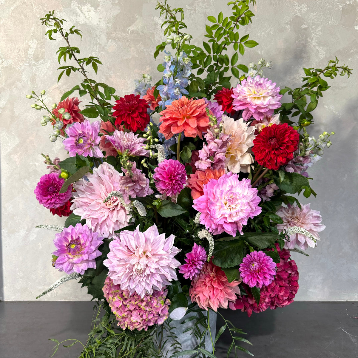 The February Fantasy Bouquet by Flowers on Norton St features a vibrant floral arrangement in a silver vase with pink, red, and purple dahlias, lush greenery, and delicate blue hydrangeas against a textured gray background.