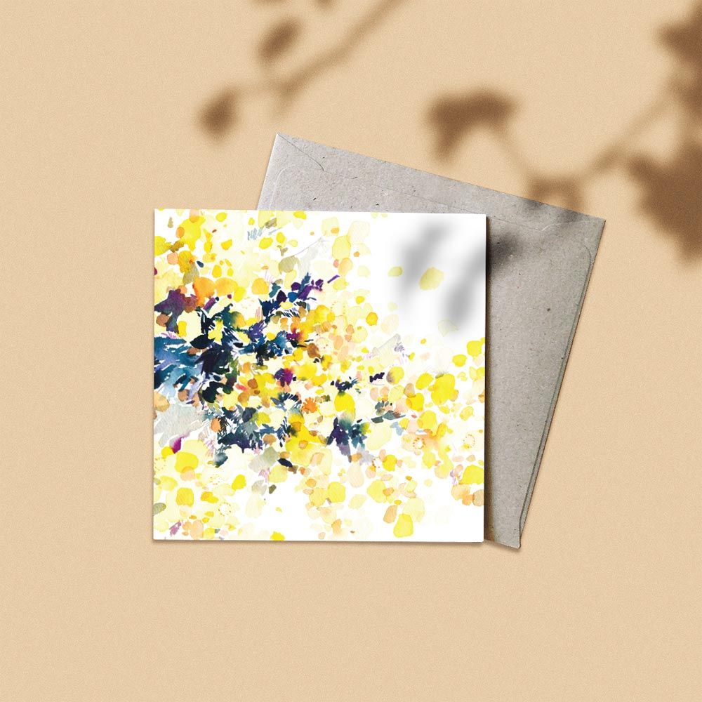 The Native Botanical Greeting Card by Flowers on Norton St features an abstract watercolor design with yellow, blue, and white splashes on a neutral background. Paired with a gray envelope, it captures the shadow of a plant dancing across its surface.