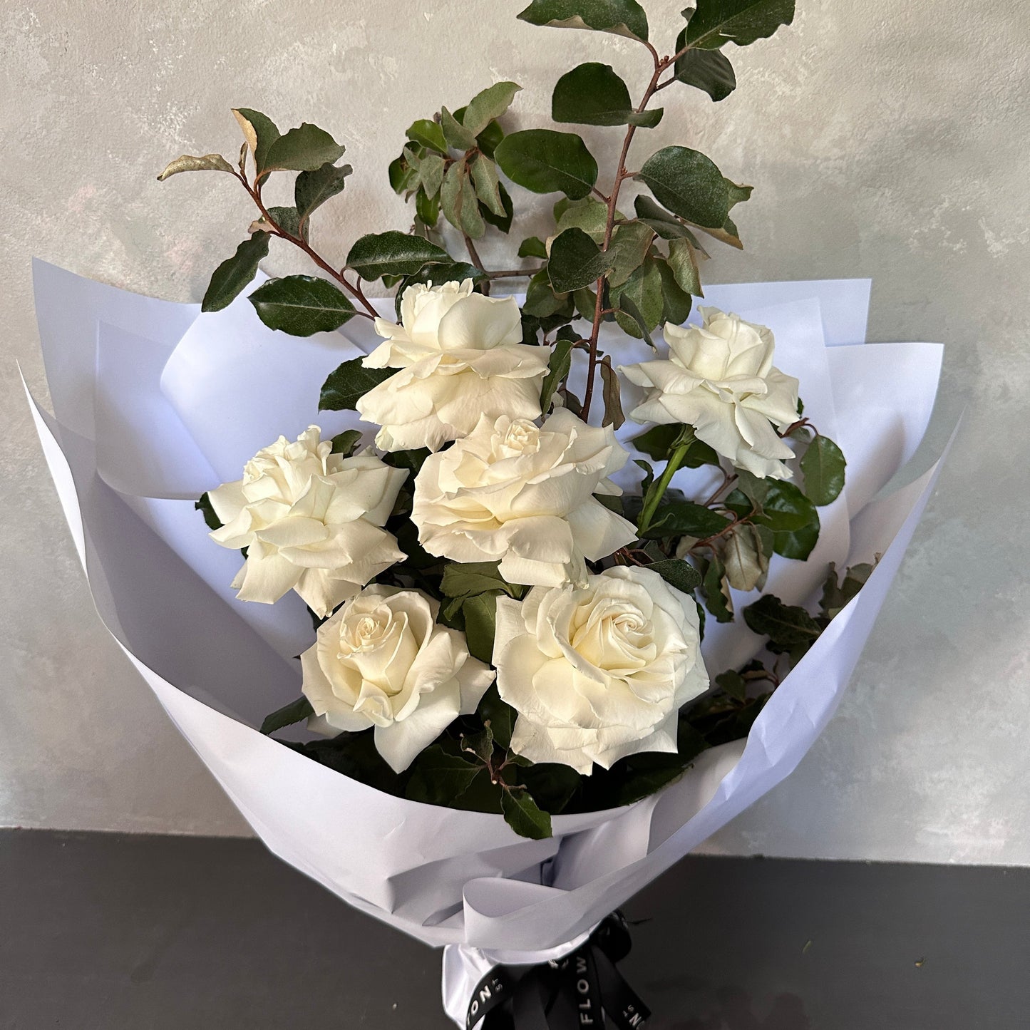 The Only Roses Bouquet by Flowers on Norton St features stunning Colombian white roses wrapped in elegant white paper, adorned with lush green leaves, and tied with a black ribbon. This exquisite arrangement can be delivered to you in Sydney against a light gray background.