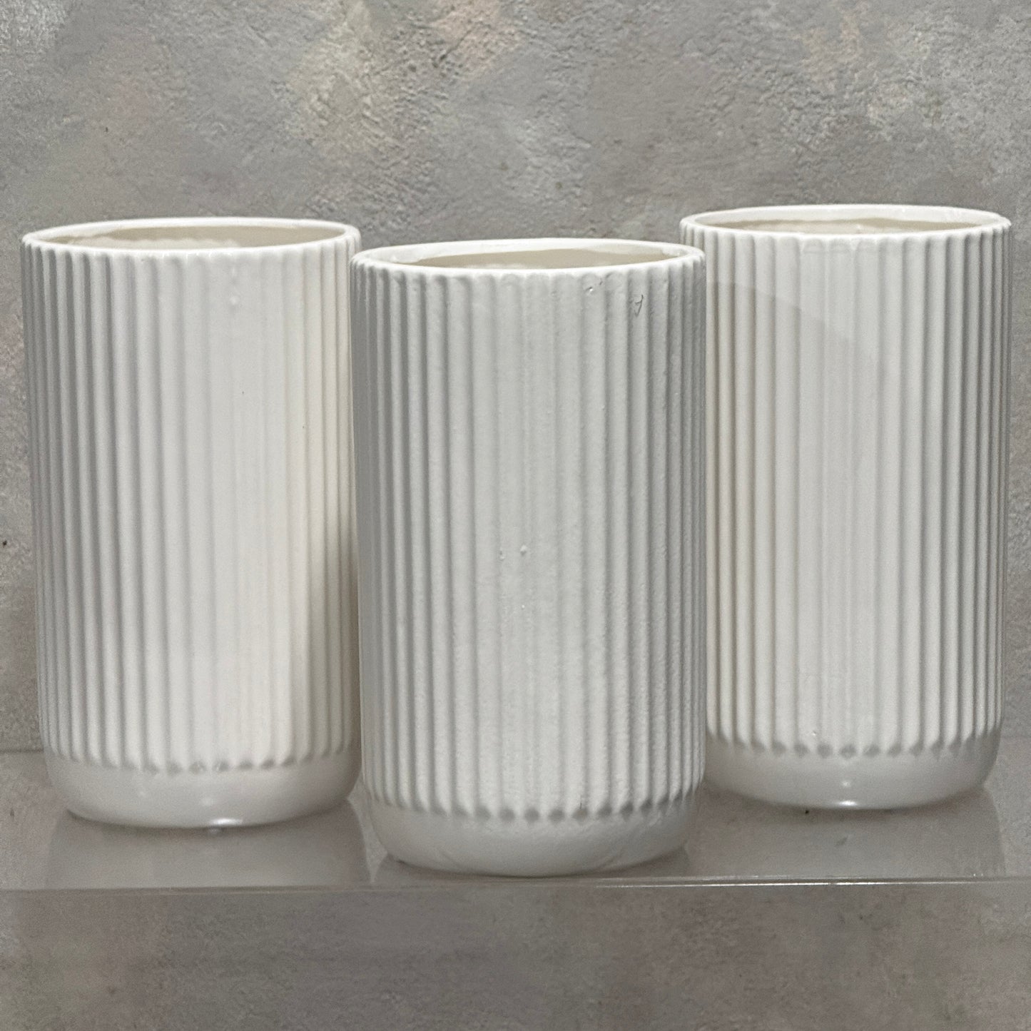 White Cylinder Ribbed Ceramic Vase (23cm height)