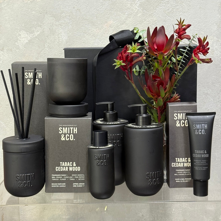 Smith & Co. Tabac and Cedar Wood Candle, Diffuser, Room Spray, Hand & Body Wash & Soap, Hand & Nail Pomade & Native Flower Bud Vase