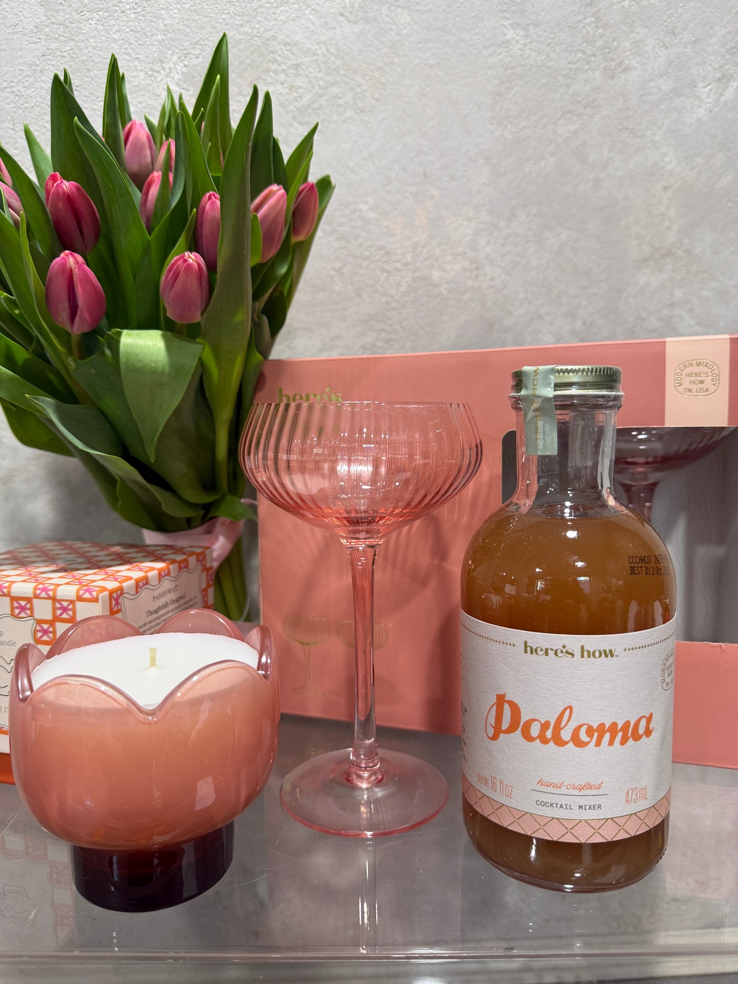 Tulips, Tulip Candle, Two Coupe Glasses and Paloma Cocktail Mixer