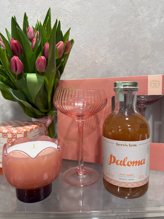 Tulips, Tulip Candle, Two Coupe Glasses and Paloma Cocktail Mixer