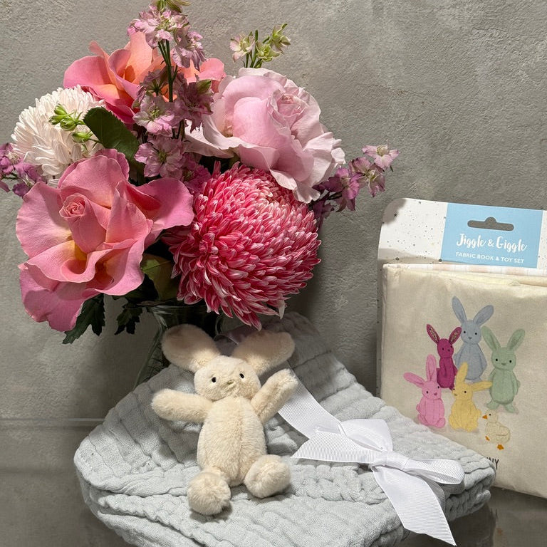Pink Vase of Flowers, Muslin Wrap with Fabric Book and Bunny