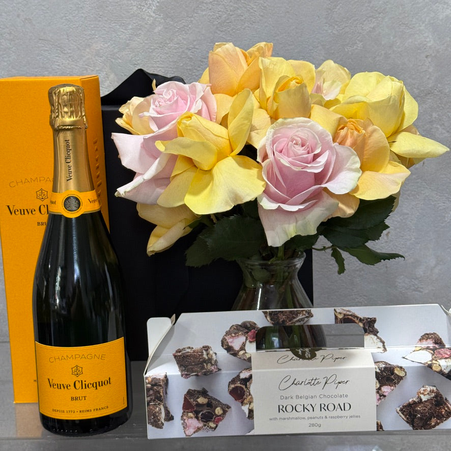 Veuve, Charlotte Piper Rocky Road and Small Vase of Soft Yellow and Pink Roses