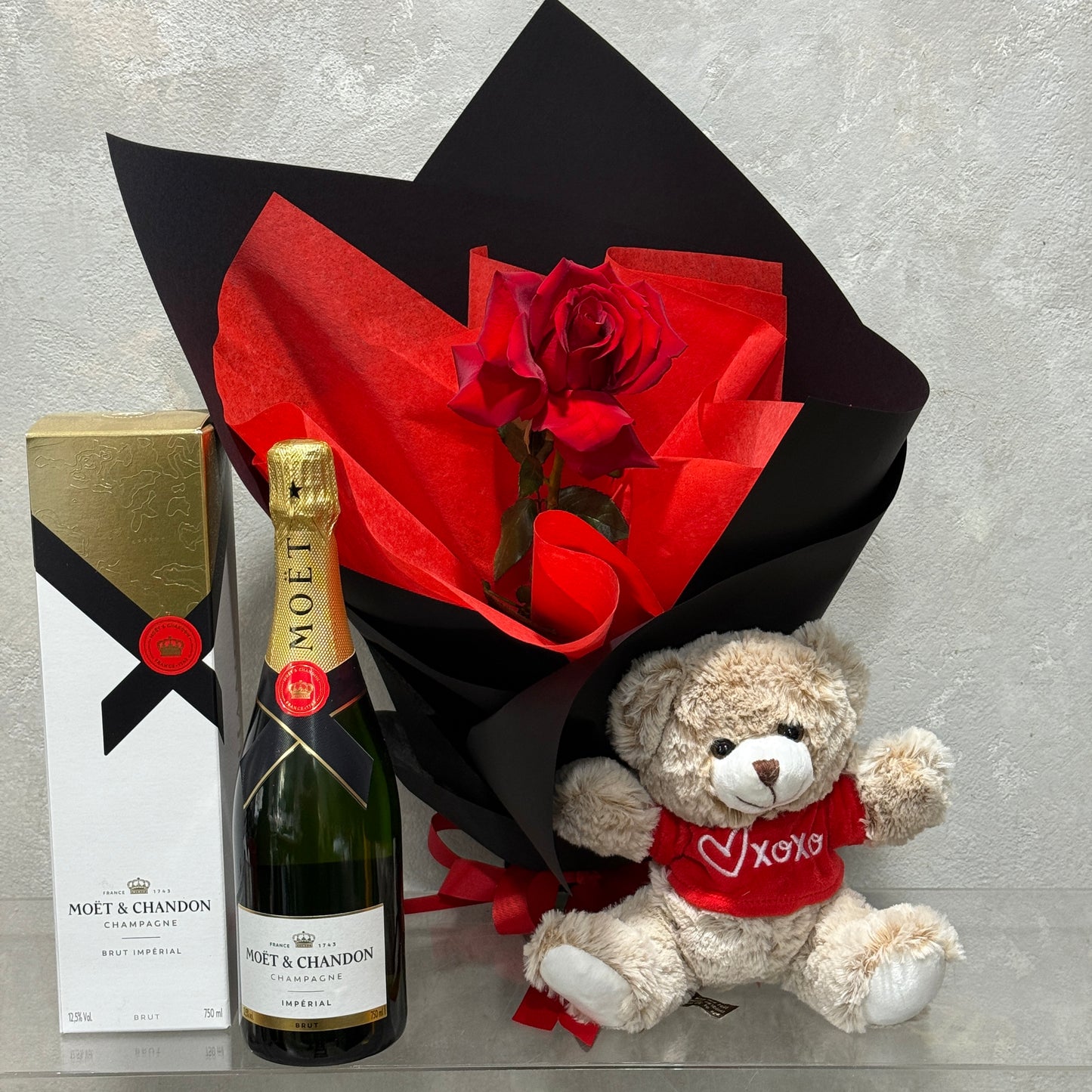 Single Red Colombian Rose with Bottle of Moet and Teddy