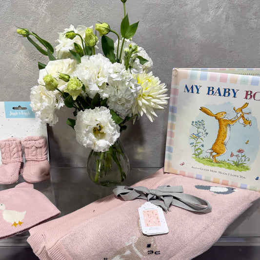 Pink Baby Hamper with Socks, Beanie, Blanket, 'My Baby Book' and Vase of Flowers