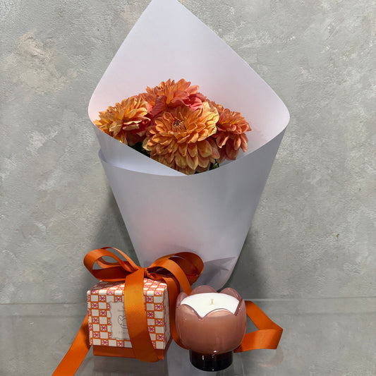 Tulip Candle and Orange Dahlias