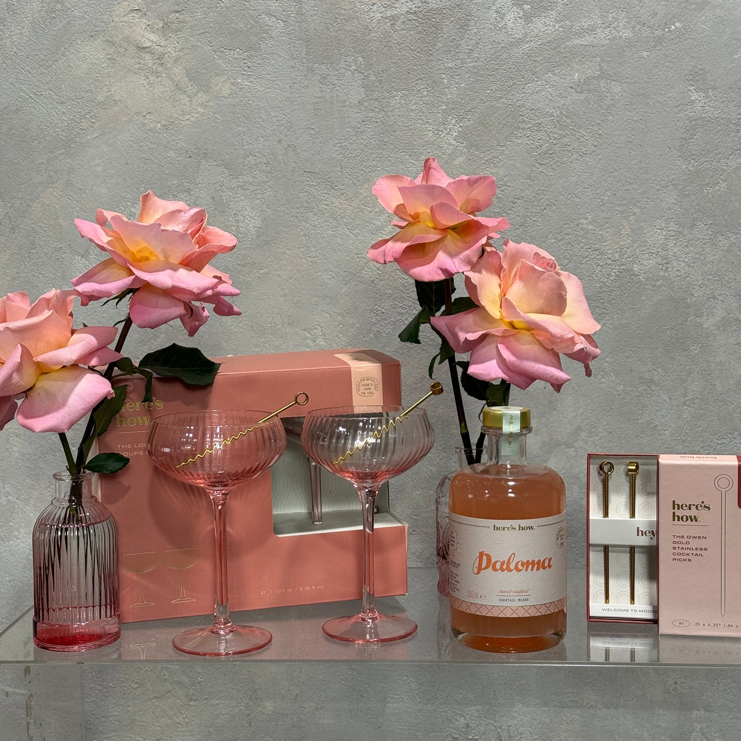Pink Cocktail Gift Set with Flowers