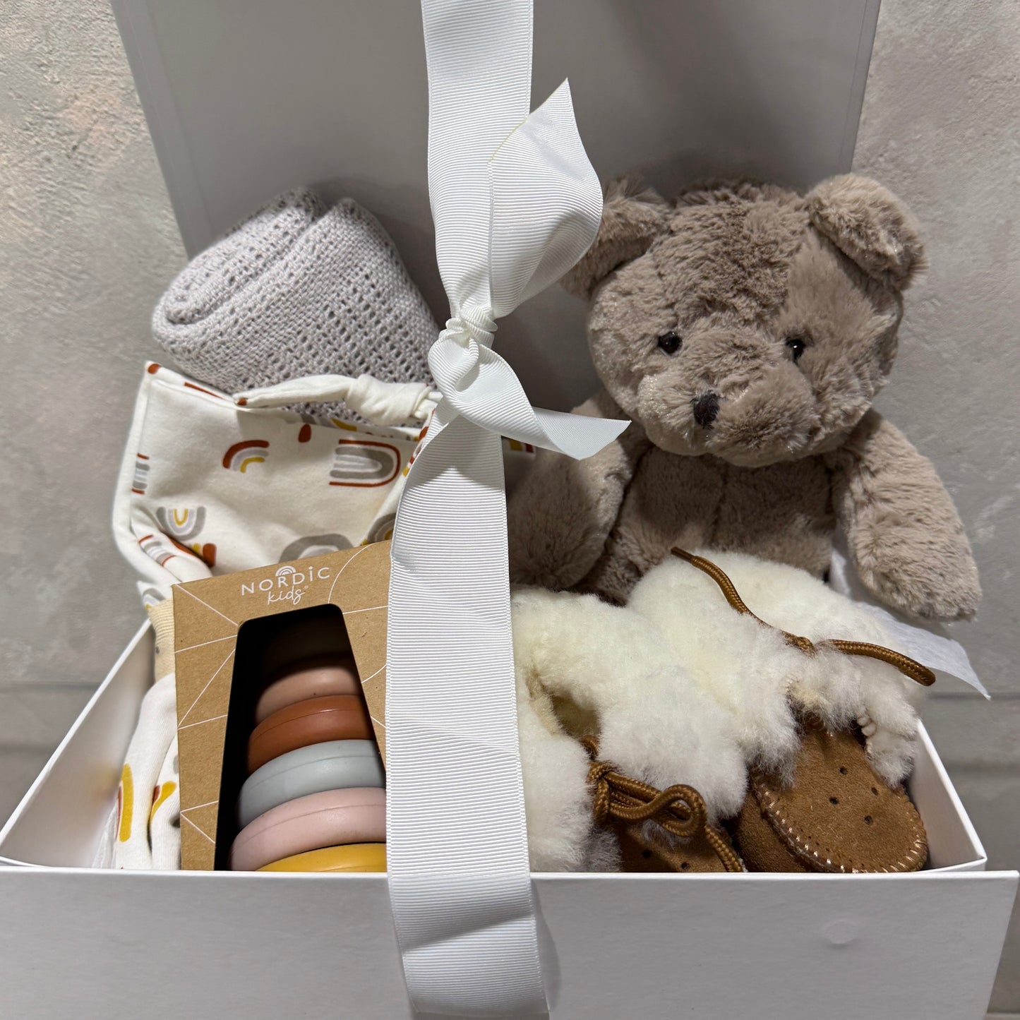 Baby Snug Slippers, Toy Stacker, Muslin Wrap, Blanket and Bear