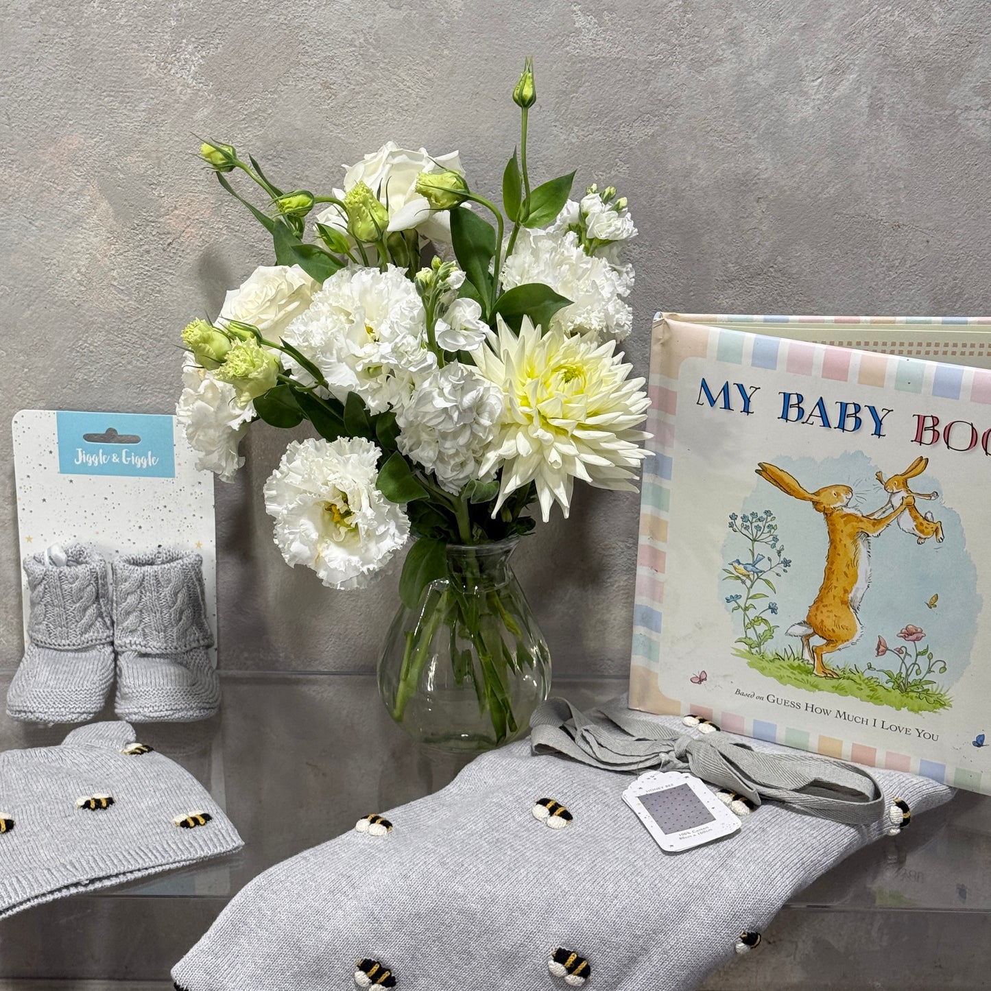 Grey Baby Hamper with Socks, Beanie, Blanket, 'My Baby Book' and Vase of Flowers
