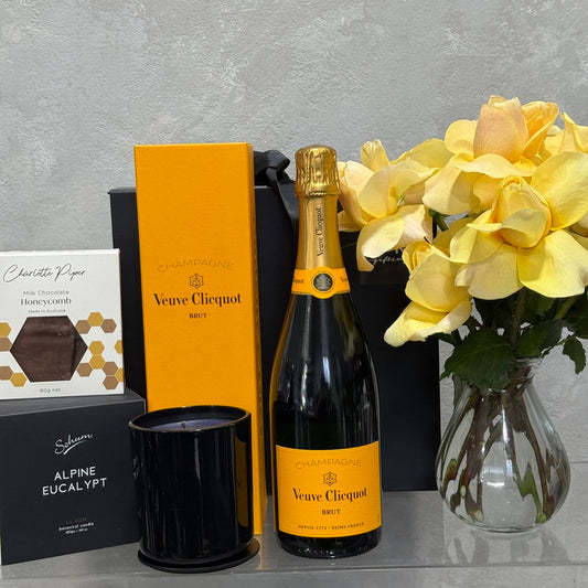 Veuve Clicquot, Charlotte Piper Milk Chocolate Honeycomb and Small Vase of Yellow roses