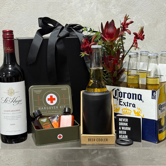 St Hugo Coonawarra Cabernet Sauvignon, Hangover Kit, 6 Pack of Corona Beer, small native flower bud vase  and Beer Cooler
