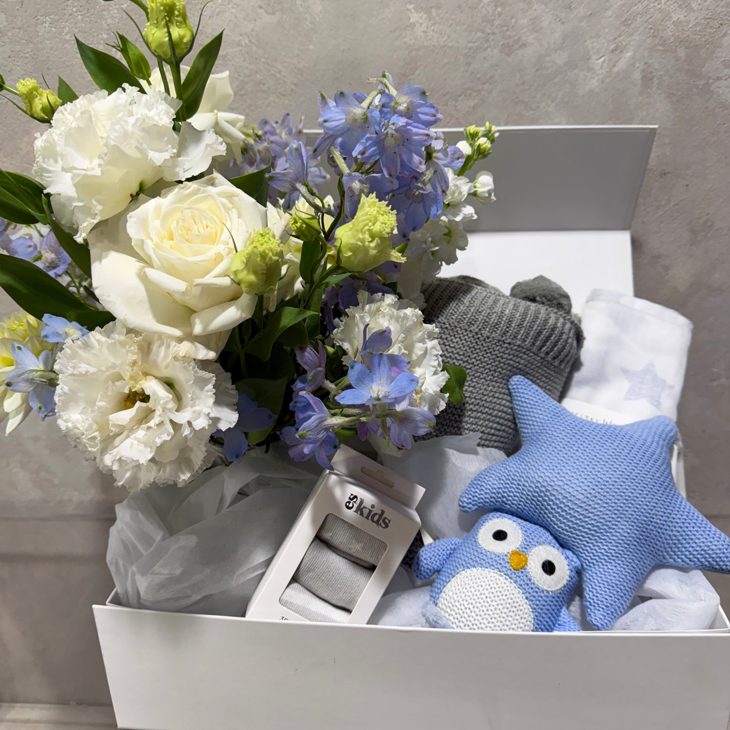 Blue Baby Hamper with Socks, Musical Pull Toy, Muslin Blanket and Blanket