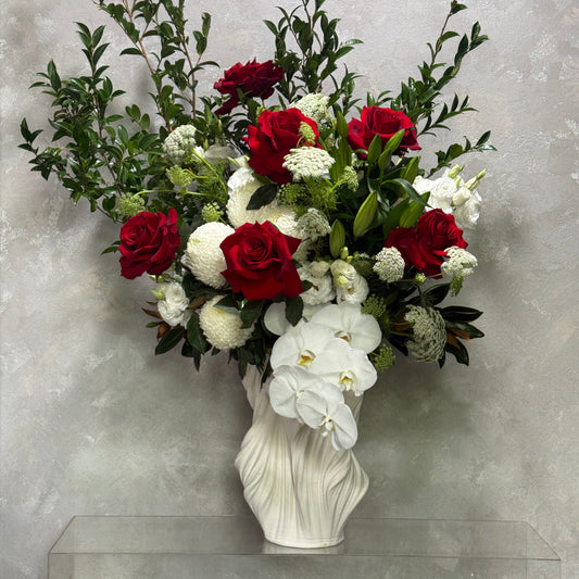 Luxe Valentines Day Vase Arrangement in White Cleo Vase