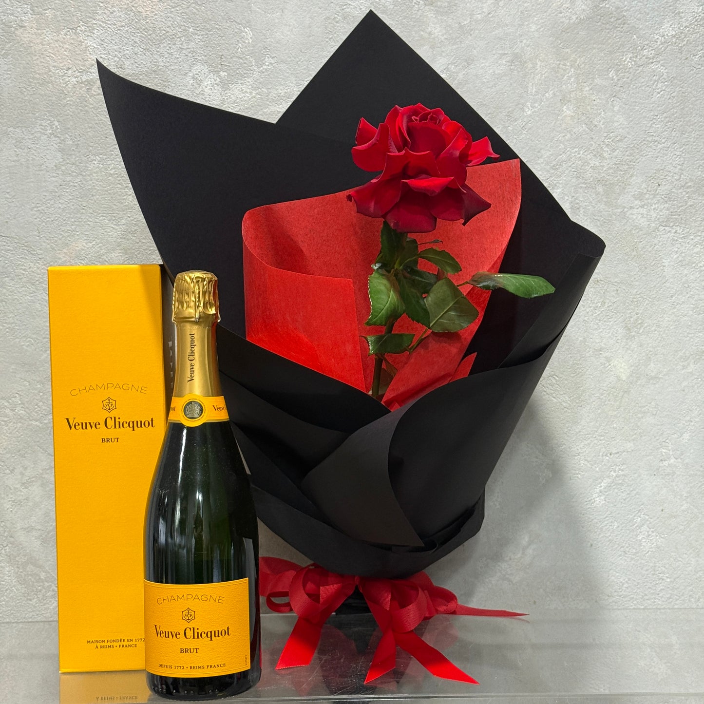 Single Red Colombian Rose with Bottle of Veuve
