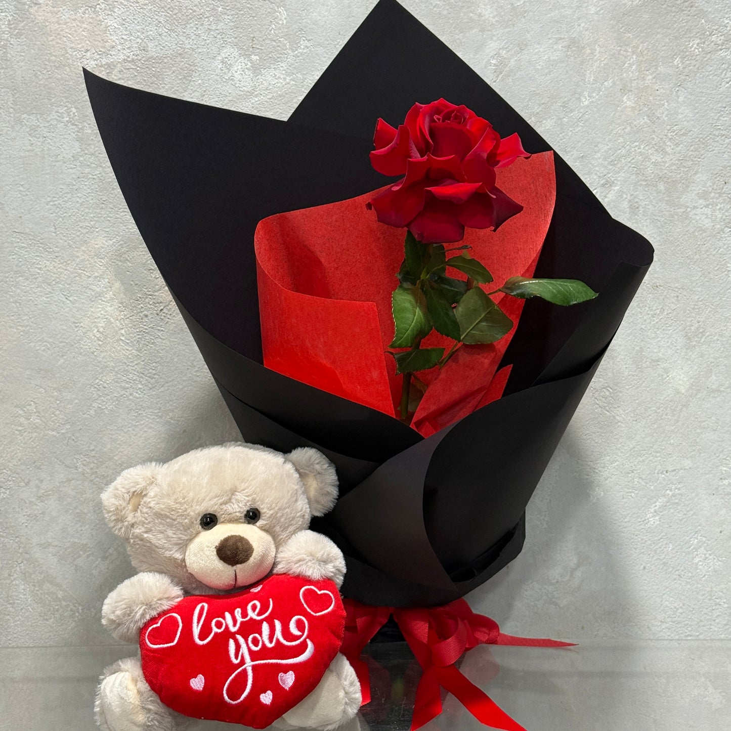 Single Red Colombian Rose with Teddy