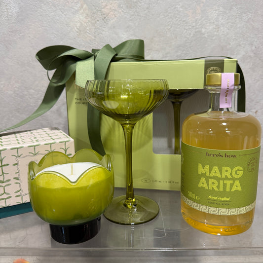 Margarita Mixer, Two Coupe Glasses and Tulip Candle