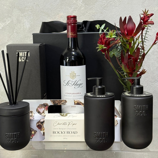 Smith & Co. Tabac and Cedar Wood Diffuser Hand and Body Wash & Lotion, Native Flower Bud Vase, Charlotte Piper Rocky Road and St Hugo Cabernet Sauvignon