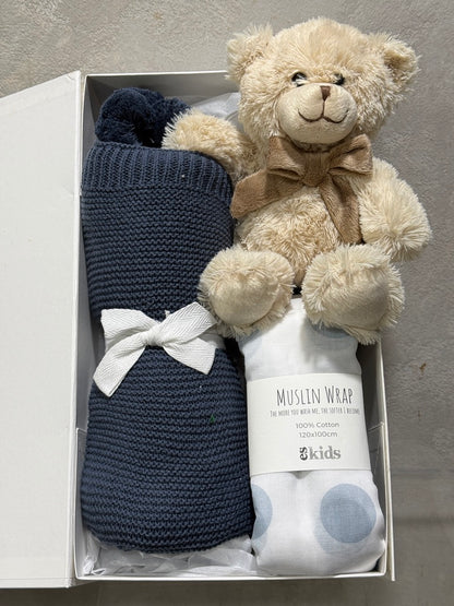 Blue Baby Hamper with Teddy, Blanket and Muslin Wrap