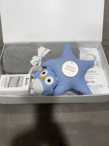 Blue Baby Hamper with Socks, Musical Pull Toy, Muslin Blanket and Blanket
