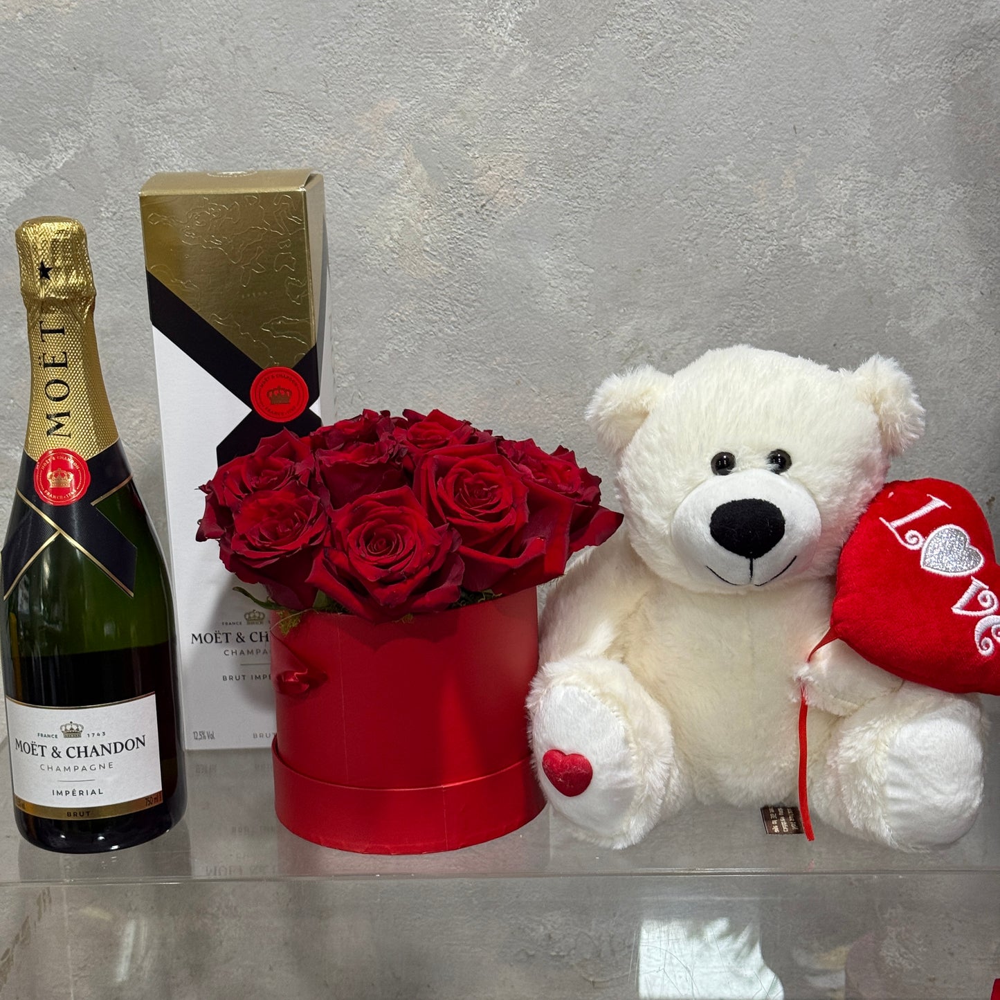 Red Rose Hatbox with Teddy and Bottle of Moet